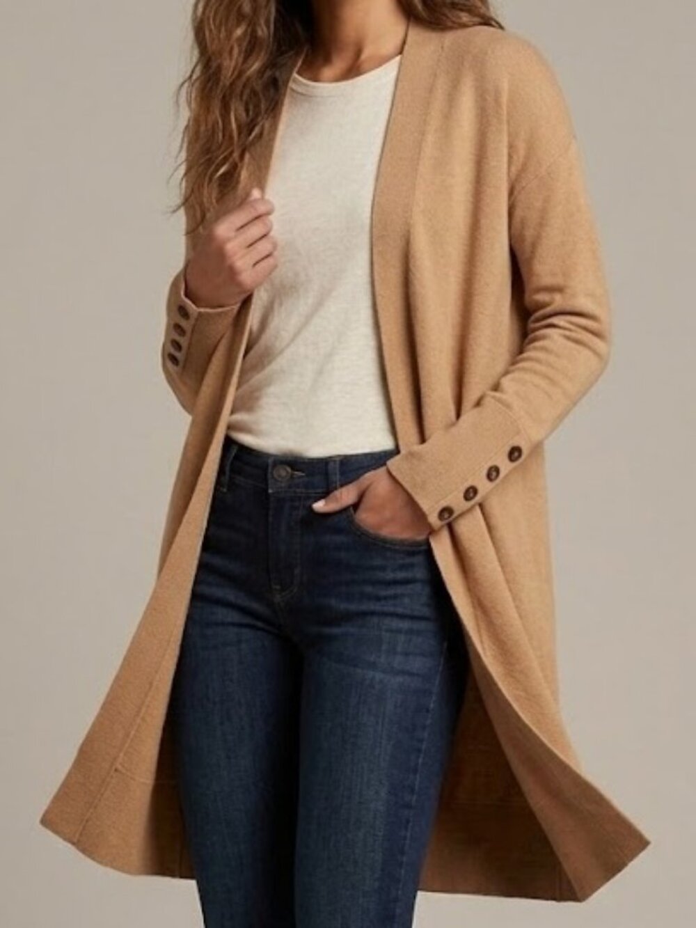 Banana Republic Long Cardigan Sweater Small Camel Tan Open Front Button Cuff - Picture 1 of 8